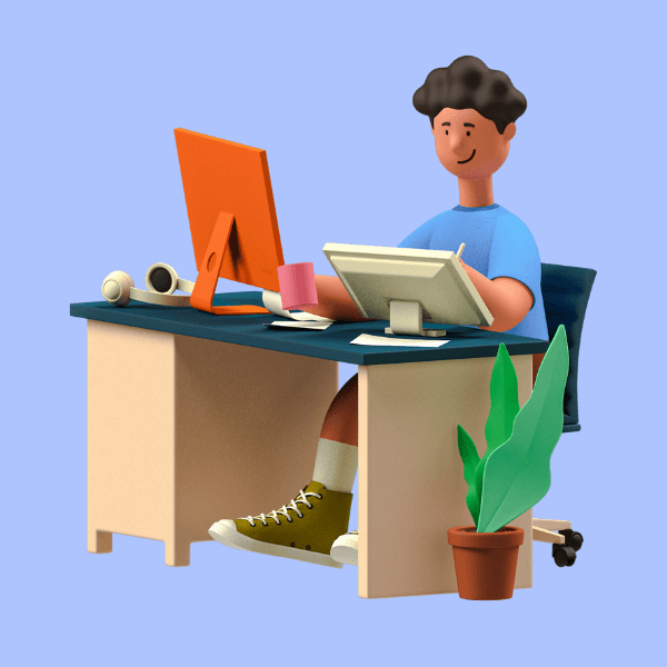 Cartoon illustration of a man working on a computer at a desk, ideal for website design.