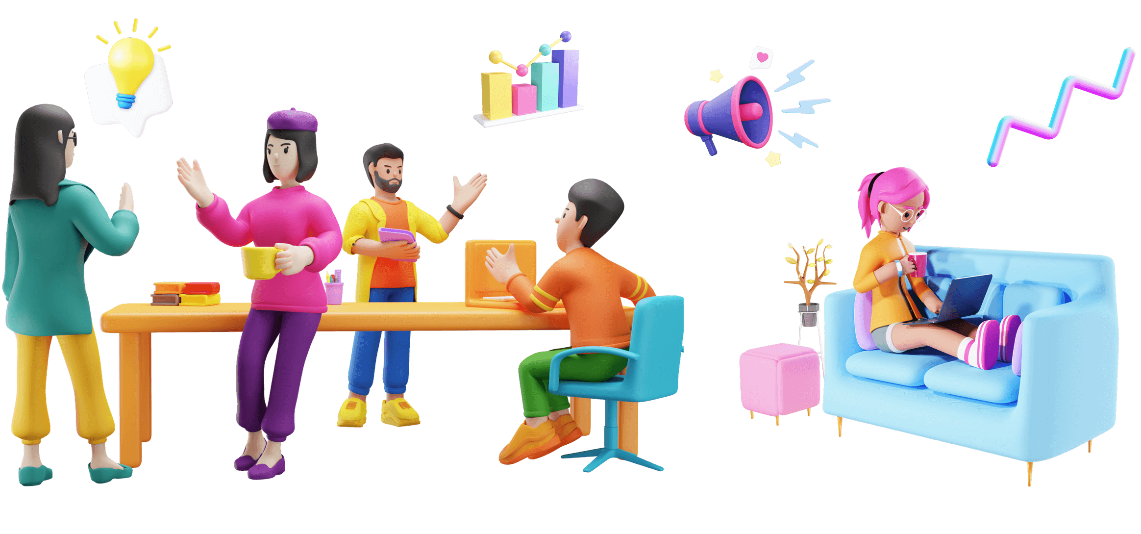 A 3D illustration of a team working together and a person working remotely.