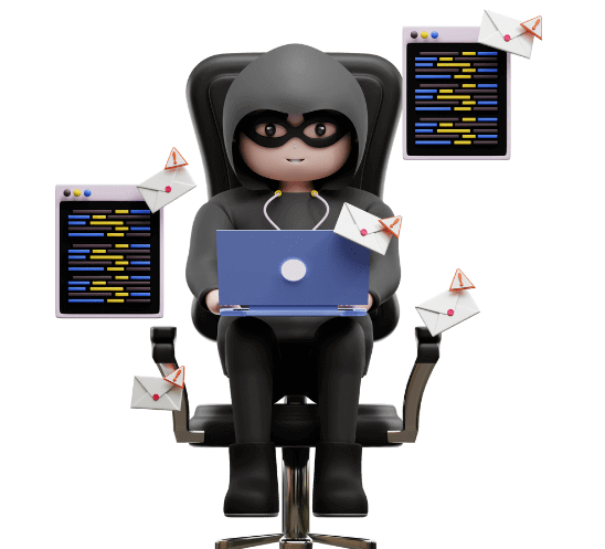 Man in black outfit and mask working on a laptop surrounded by coding screens and emails.