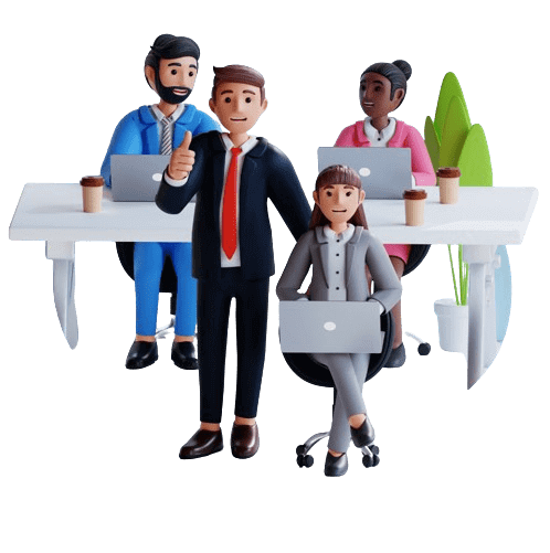 A 3D illustration of a business team with two men and two women working on laptops, with one man giving a thumbs up, symbolizing teamwork and productivity.