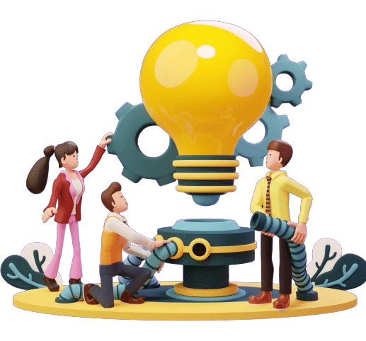 A 3D illustration of three people collaborating around a giant light bulb with gears in the background, symbolizing teamwork and innovation."