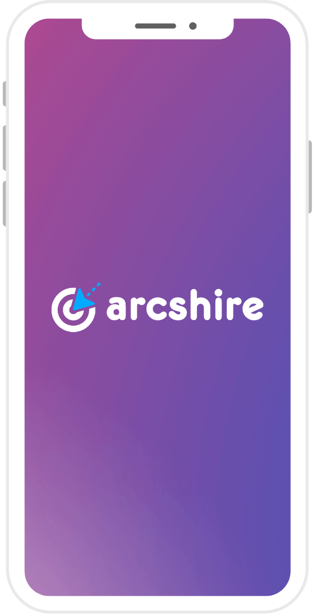 Smartphone screen displaying "arcshire" text on a purple background with a white border.