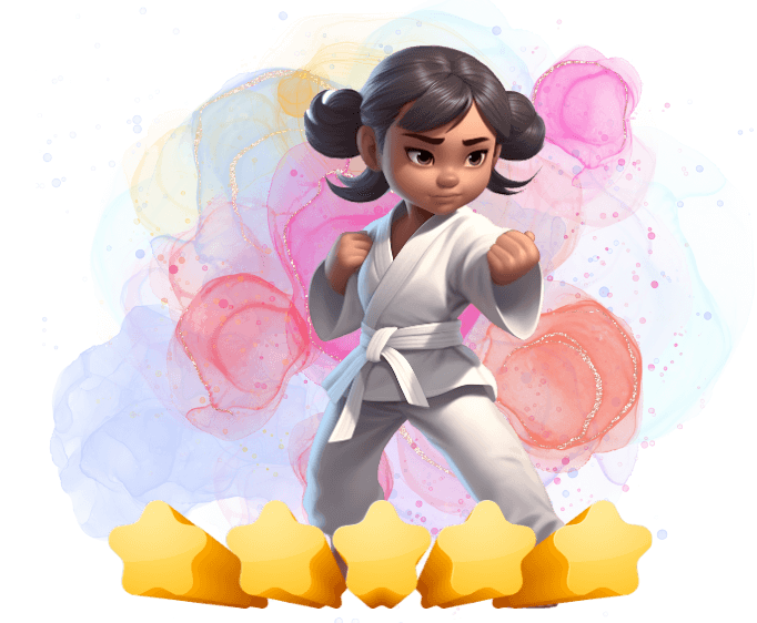 3D illustration of a young girl in a karate uniform striking a fighting pose, with five stars beneath her and a colorful abstract background.