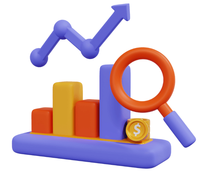 A 3D illustration featuring a bar chart, magnifying glass, and an upward trending arrow.