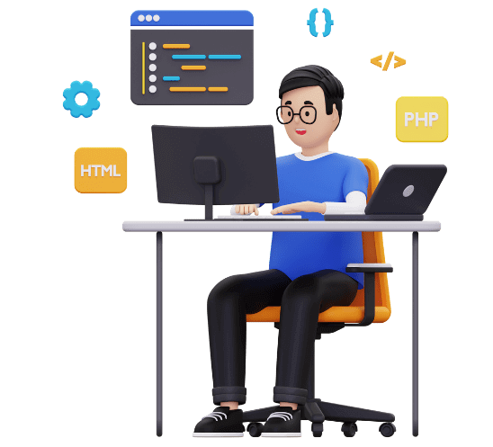 A 3D illustration of a person sitting at a desk working on a computer. The person is wearing glasses and a blue shirt. There are icons around representing HTML, PHP, and coding elements.
