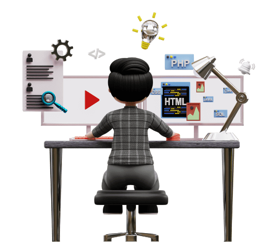 A 3D illustration of a person sitting at a desk with multiple monitors, displaying various coding and development icons such as PHP, HTML, and a light bulb representing ideas.