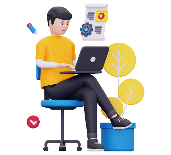 3D illustration of a man sitting on a chair using a laptop, surrounded by icons.