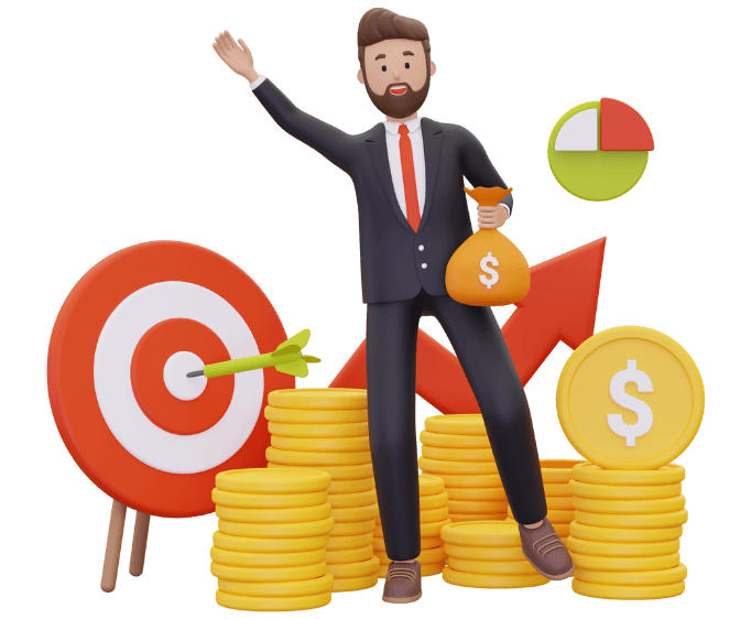 A 3D illustration of a businessperson in a suit standing on stacks of gold coins, holding a money bag, and waving. Surrounding him are a target with an arrow, a pie chart, and an upward red arrow.